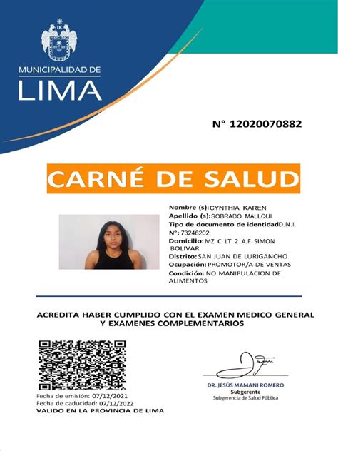 carnet sanidad lima|CARNÉ Y CERTIFICADO DE SALUD